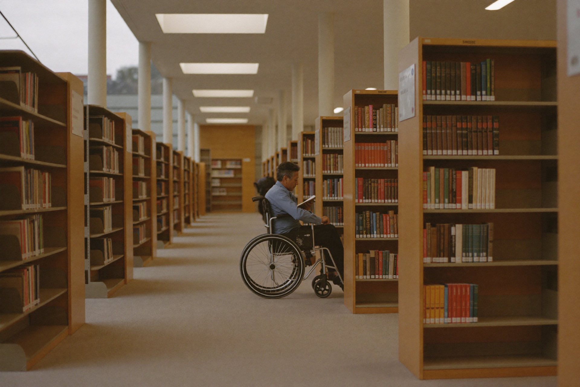 Rolstoelgebruiker zoekt een boek uit in een ruime, moderne bibliotheek