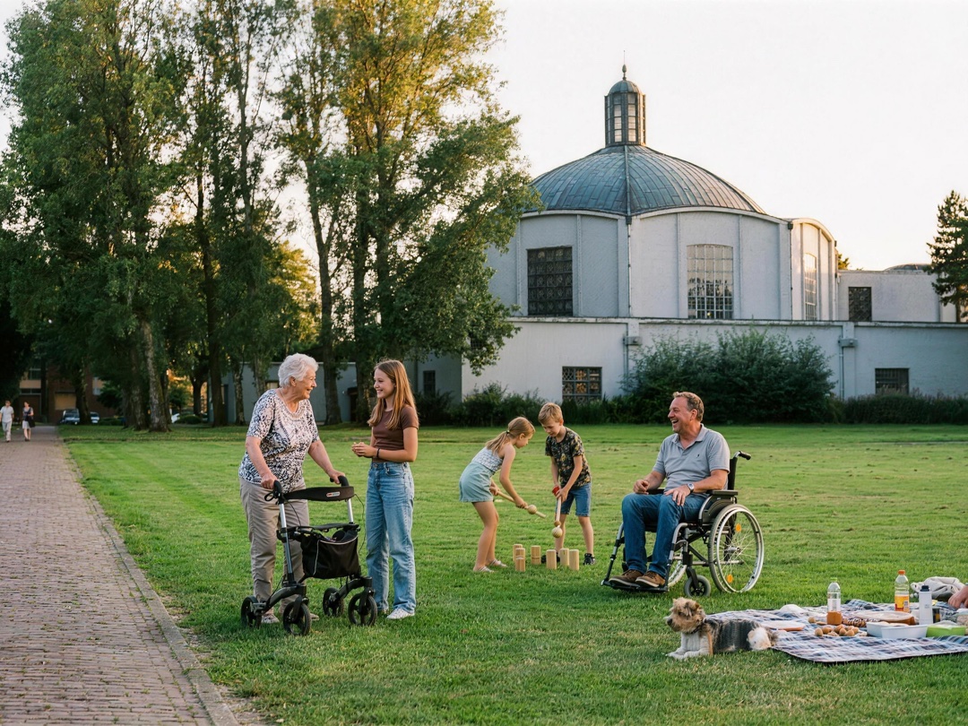 Buurtbewoners ontmoeten elkaar op het veldje bij de Annakerk in Heerlen; een oudere vrouw in een rolstoel praat met een meisje, kinderen picknicken op het gras.