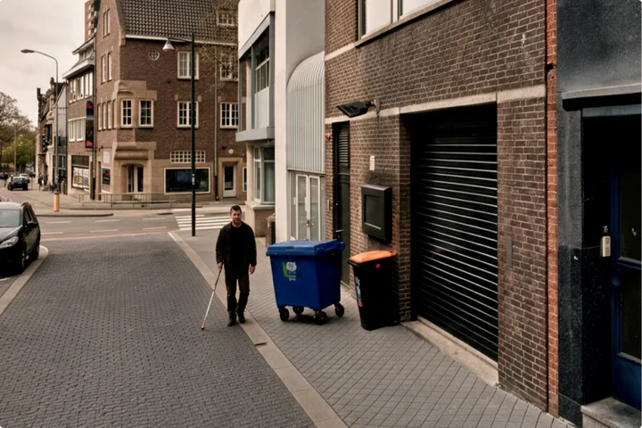 Man met taststok nadert afvalcontainers die midden op de stoep staan
