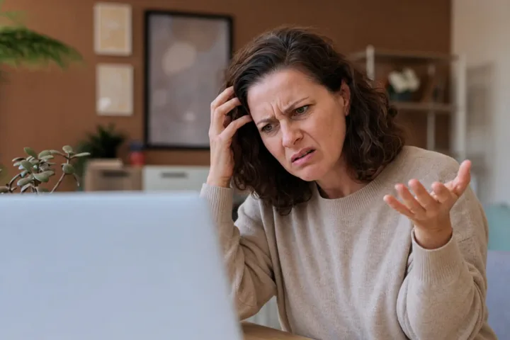 Vrouw kijkt vertwijfeld naar een onduidelijke website op haar laptop
