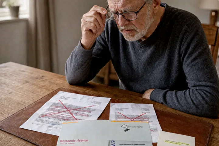 Oudere man tuurt naar brieven van de gemeente vol kleine letters