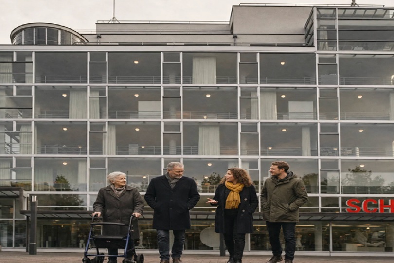 Vier inwoners, onder wie een vrouw met een rollator, in gesprek voor het SCHUNCK-gebouw in Heerlen